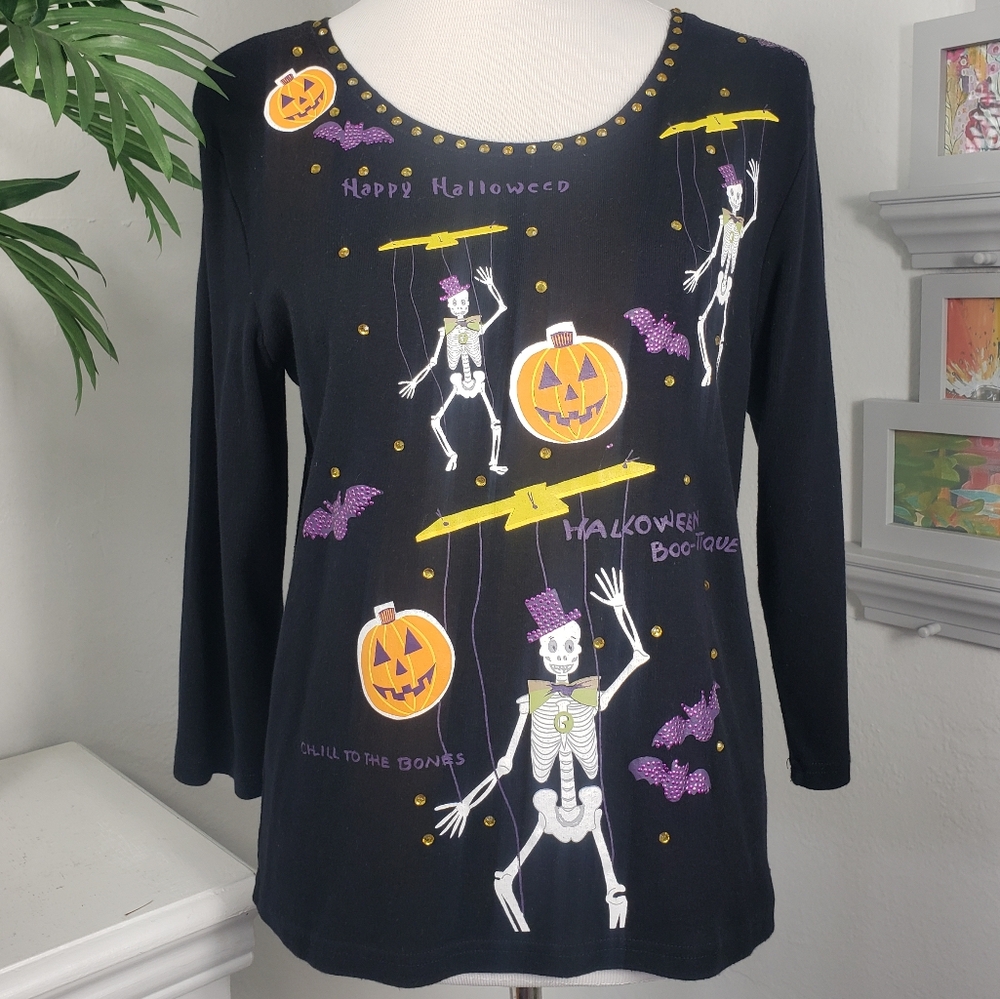 Onque Casuals Black Halloween Skeletons Pumpkins Bats sz Medium